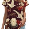 Cranes Chrysanthemum Print Womens V Neck Short Sleeve T Shirts Summer Tops Tees Fashion Outfits Clothes
