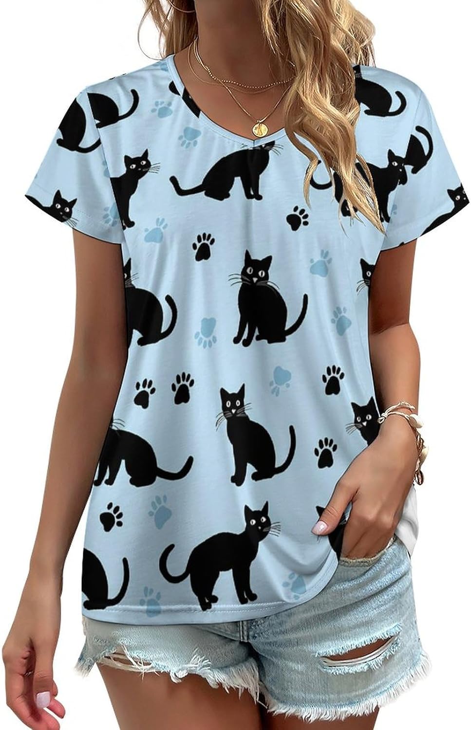 Cute Cats Paw Prints Womens V Neck Short Sleeve T Shirts Summer Tops Tees Fashion Outfits Clothes