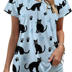Cute Cats Paw Prints Womens V Neck Short Sleeve T Shirts Summer Tops Tees Fashion Outfits Clothes