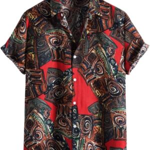 DUYHBAWRS Shirts T-Shirts Short Sleeve Men's Shirt Harajuku Ethnic Print Retro Men's Shirt Oversized Shirt(Large)