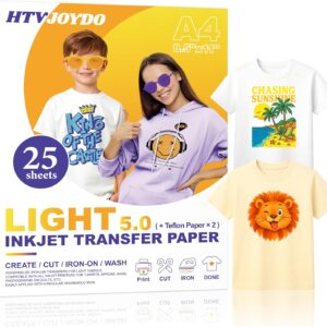 HTVJOYDO Iron-On Heat Transfer Paper for T-Shirts, 25 Sheets 8.5x11", Iron on Vinyl for Light Fabric, Printable Heat Transfer Vinyl for Inkjet Printer, Perfect for Summer Crafts