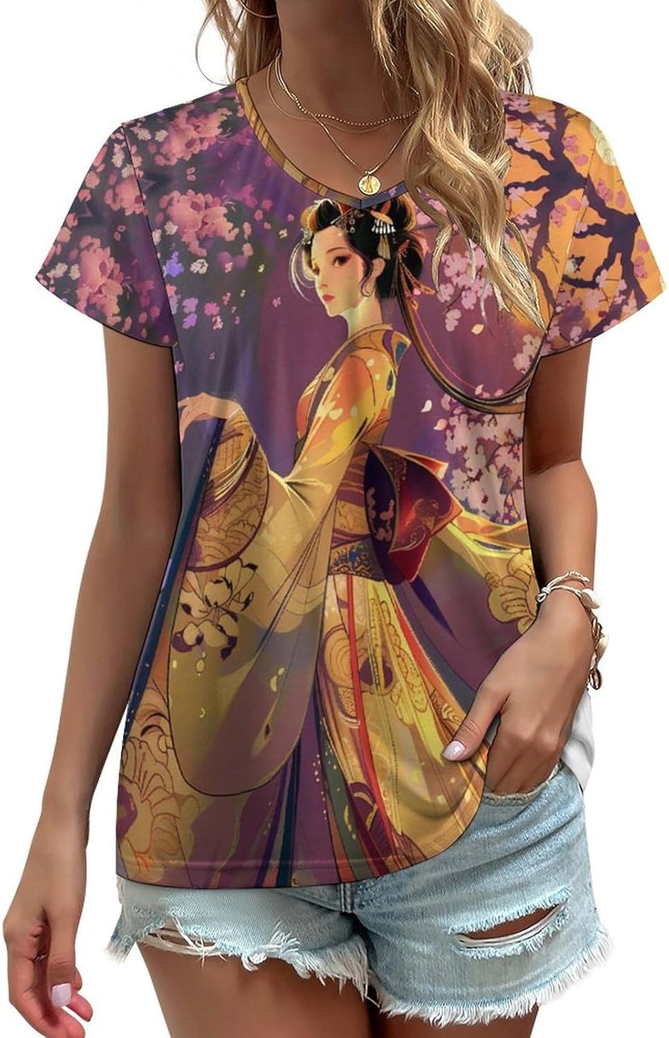 Japanese Woman Pre-Printed Pattern Womens V Neck Short Sleeve T Shirts Summer Tops Tees Fashion Outfits Clothes