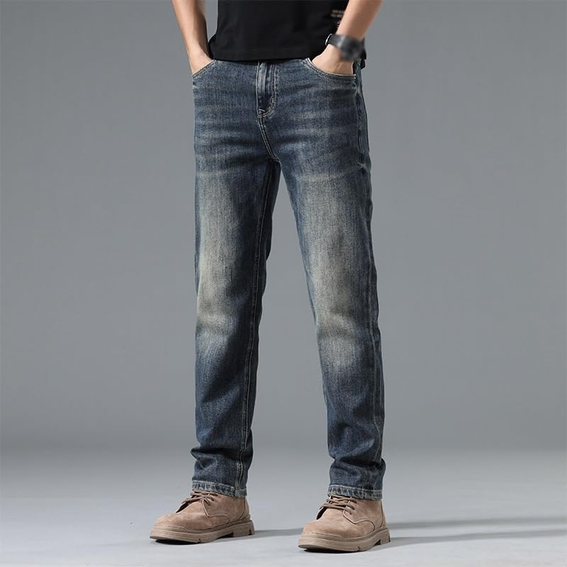 Jeans Slim Fit Straight Leg Pants Versatile Retro Casual Long Pants(32) Blue - Image 2