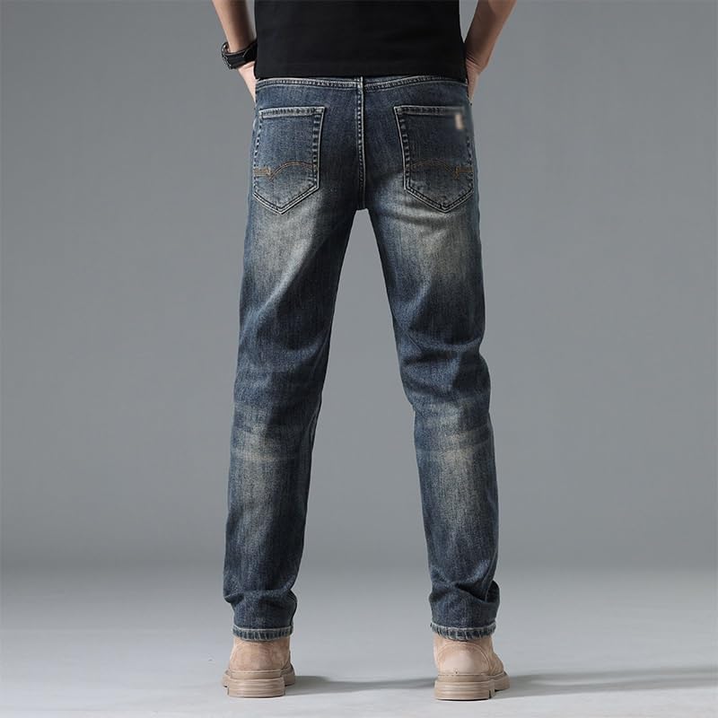 Jeans Slim Fit Straight Leg Pants Versatile Retro Casual Long Pants(33) Blue - Image 3