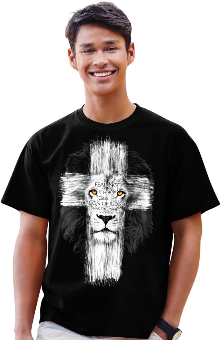 Kerusso Fear Not for Jesus The Lion of Judah Has Triumphed Cross Black Cotton Crew Neck T-Shirt, Small - Image 3