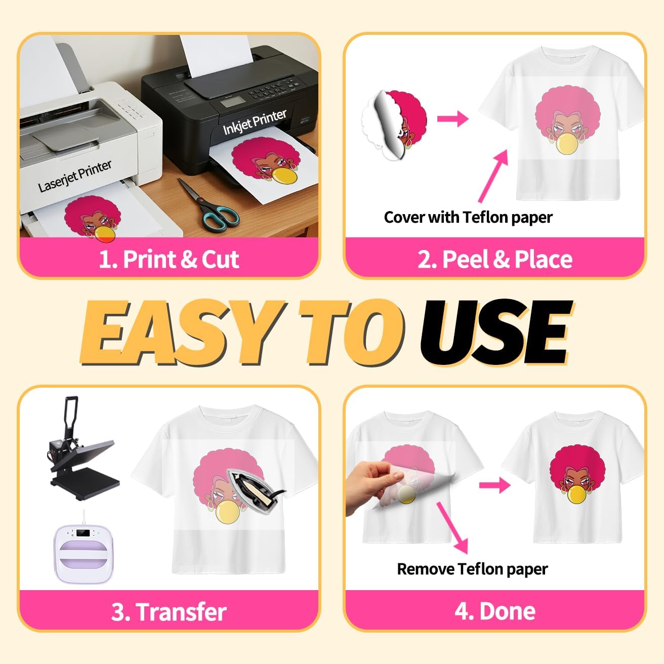 Lovein Pinkie Iron on Heat Transfer Paper for T Shirts (10 Sheets, 8.5x11'', Light Plus) Printable Heat Transfer Vinyl for Laserjet & Inkjet Printer Iron on Transfers Paper for Light Fabric (PK-L3-10) - Image 6