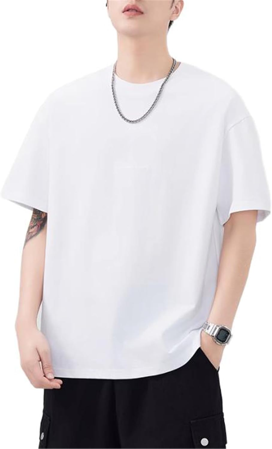 Men's Printed Japanese Streetwear Short Sleeve T-Shirt for Casual Wear-White-Large
