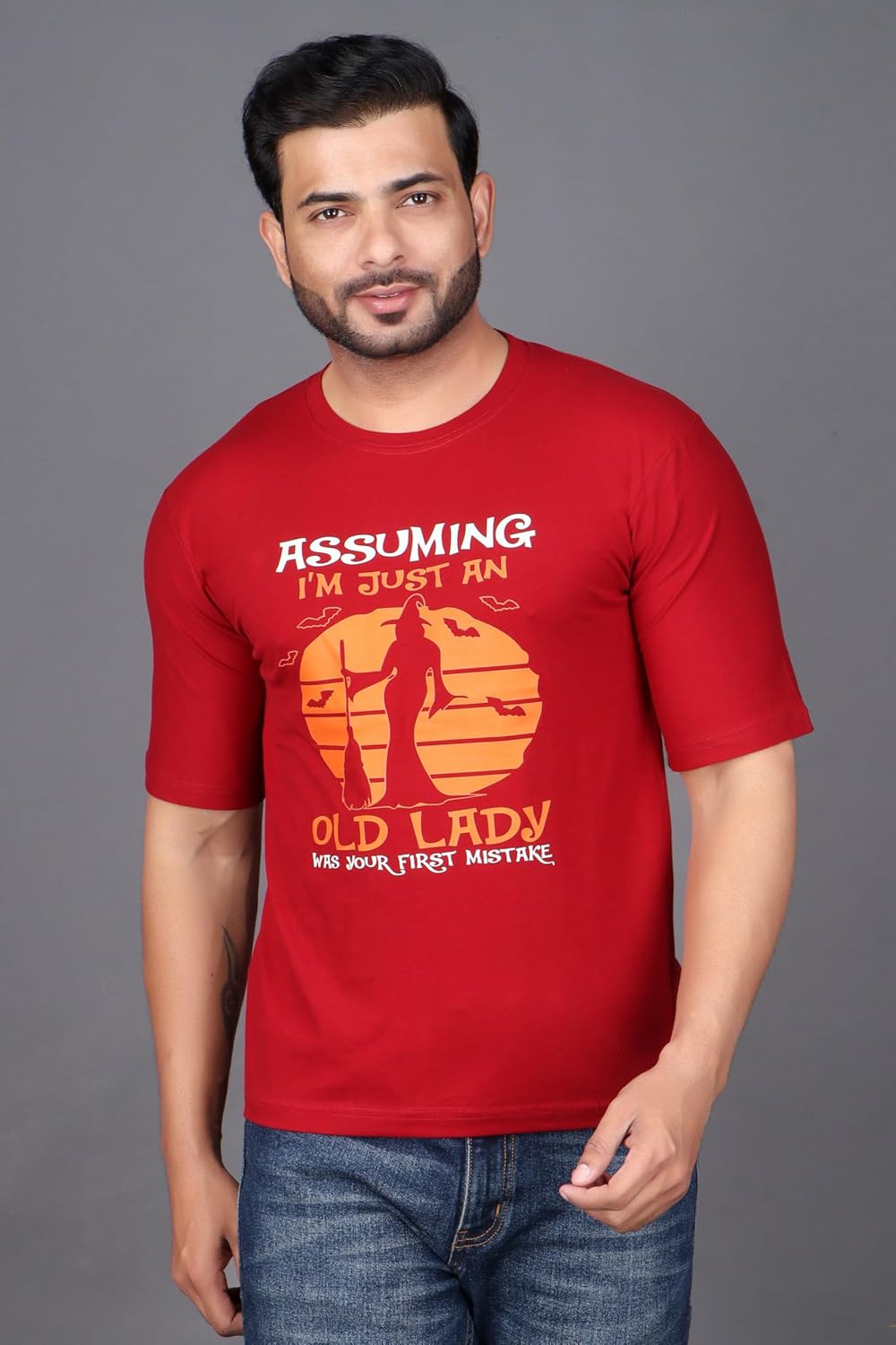 Men\u2019s Red Halloween Graphic T-Shirt \u2013 Halloweentown Pumpkin Print \u2013 Casual Round Neck Half Sleeve Cotton Tee - Image 3