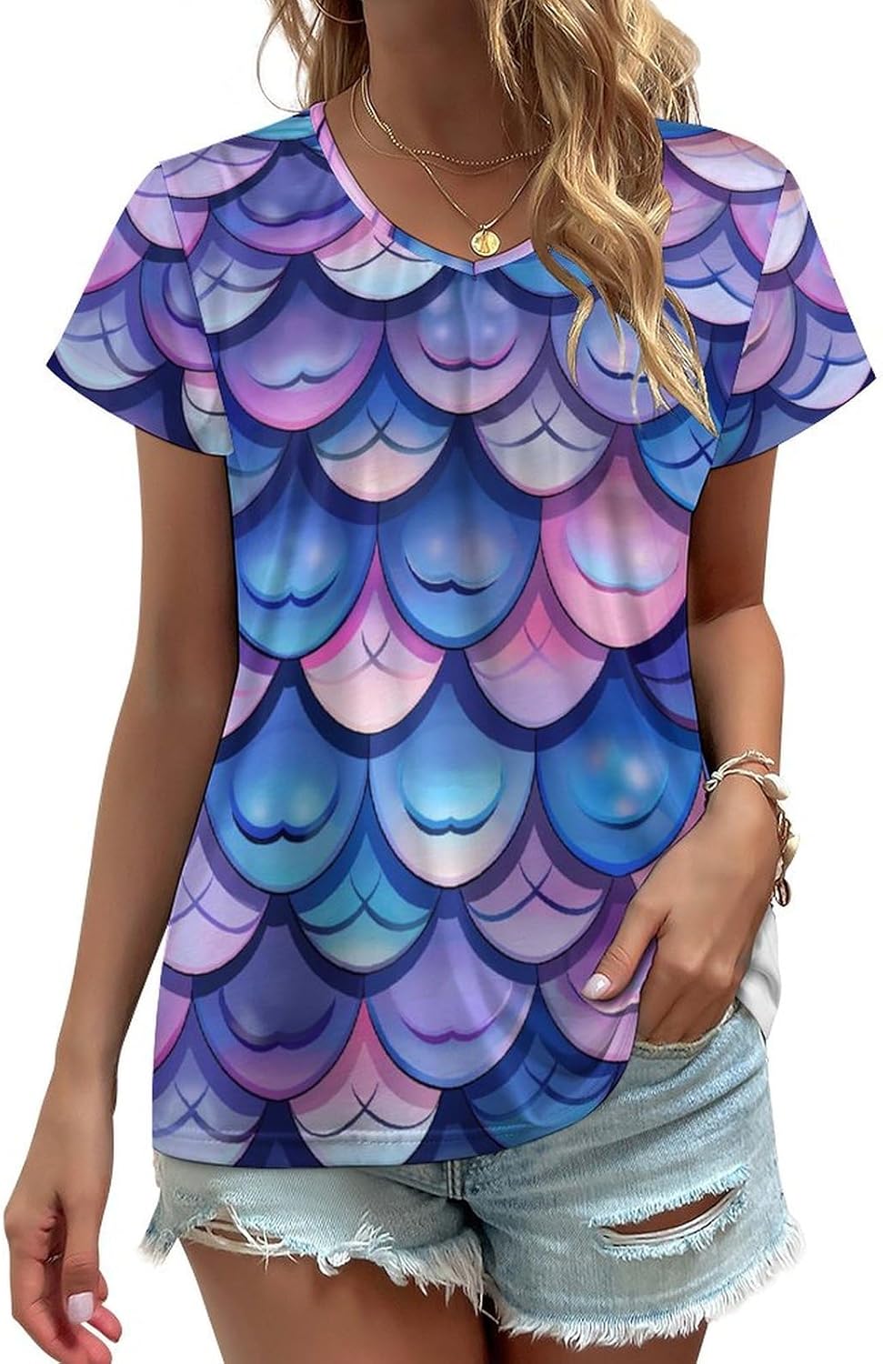 Mermaid Fish Scale Print Womens V Neck Short Sleeve T Shirts Summer Tops Tees Fashion Outfits Clothes
