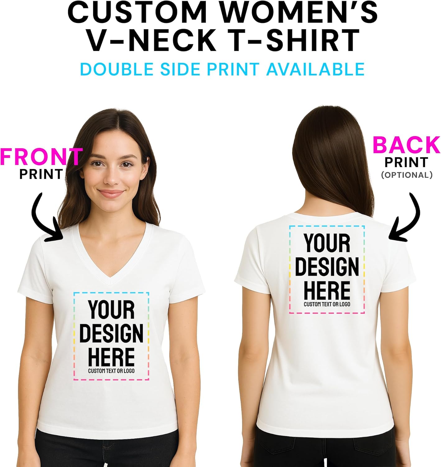 Personalized Women's V-Neck T-Shirt \u2013 Custom Image & Text, Design Your Own Front & Back Print, Customizable Tee Gift - Image 3