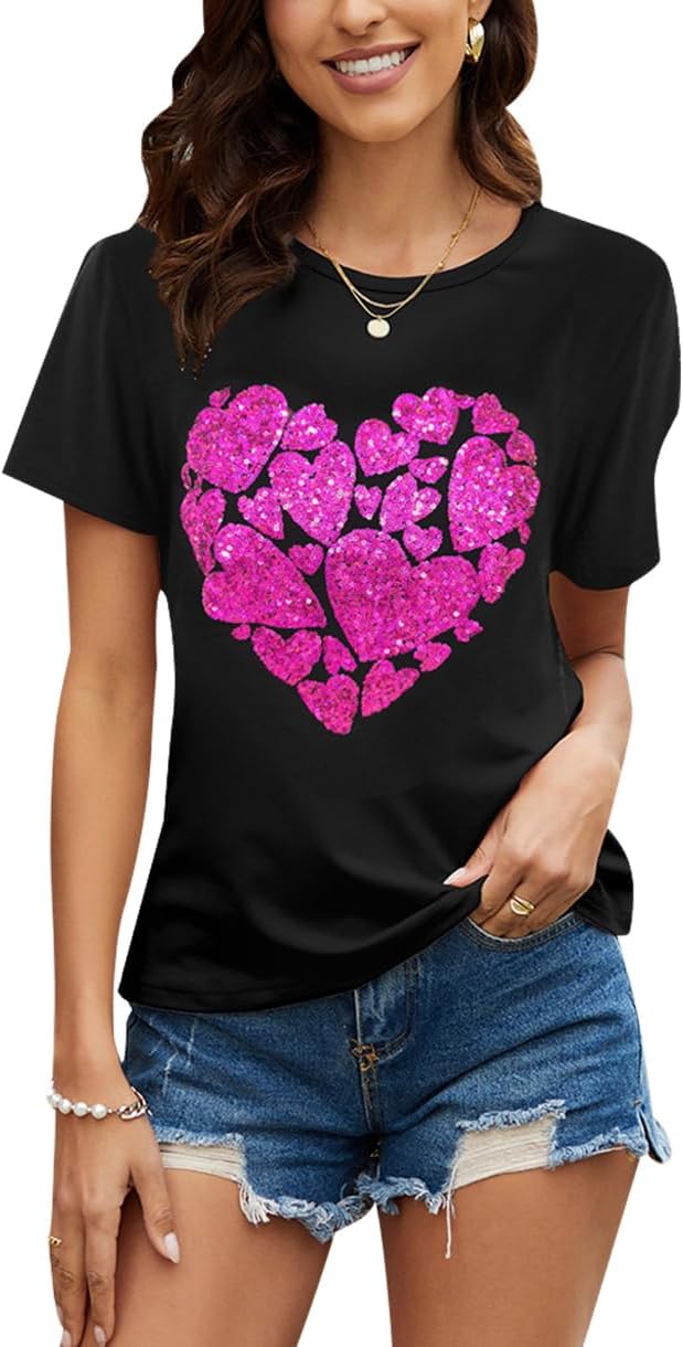 PESION Womens Short Sleeve T-Shirt Sequined Tops O-Neck Funny Graphic Tees Blouse - Image 26