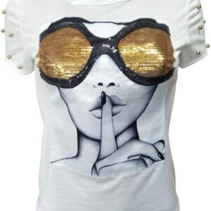 PESION Womens Short Sleeve T-Shirt Sequined Tops O-Neck Funny Graphic Tees Blouse
