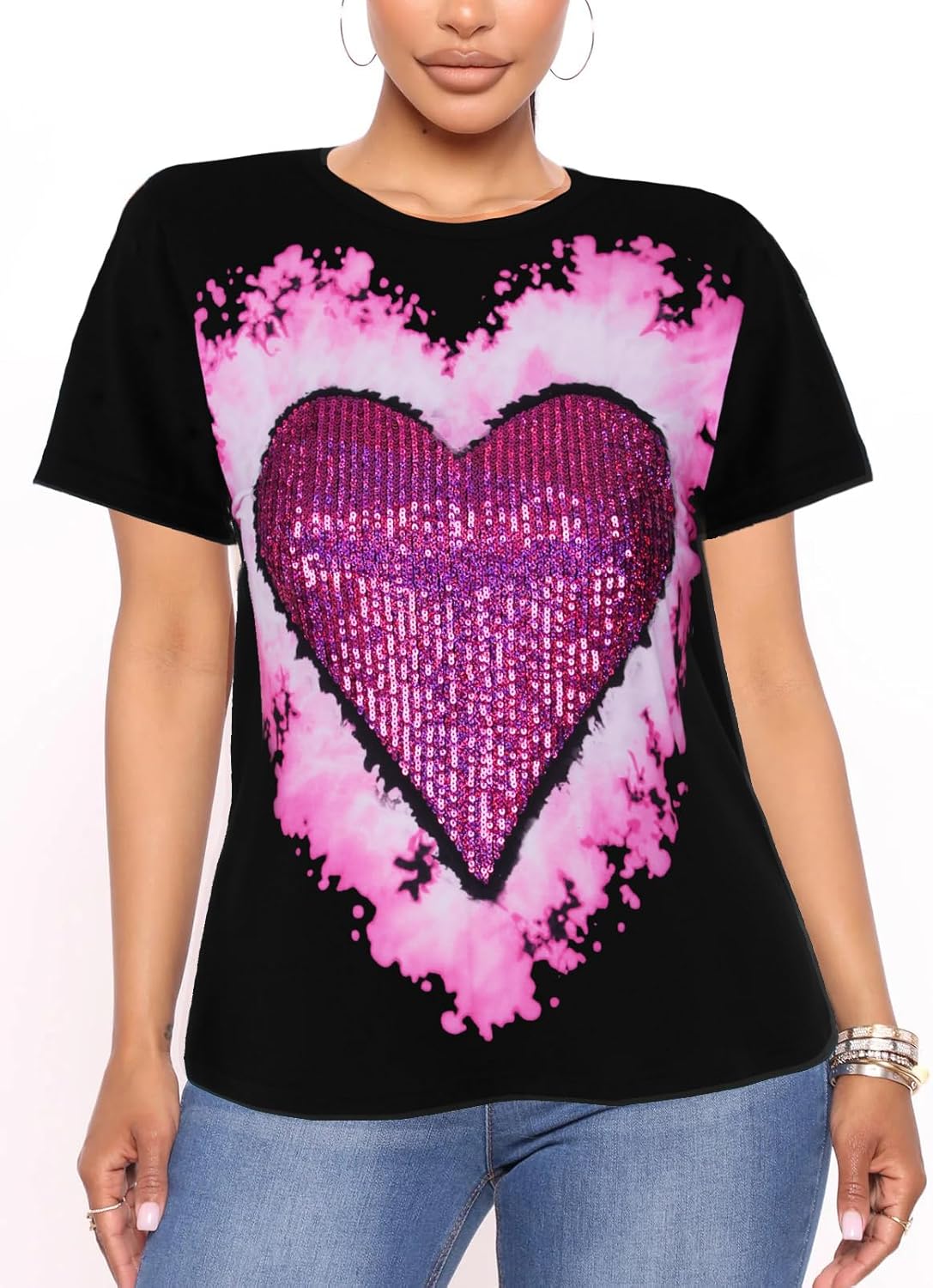 PESION Womens Short Sleeve T-Shirt Sequined Tops O-Neck Funny Graphic Tees Blouse - Image 22