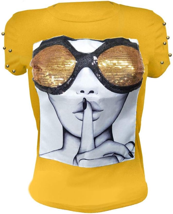PESION Womens Short Sleeve T-Shirt Sequined Tops O-Neck Funny Graphic Tees Blouse - Image 11
