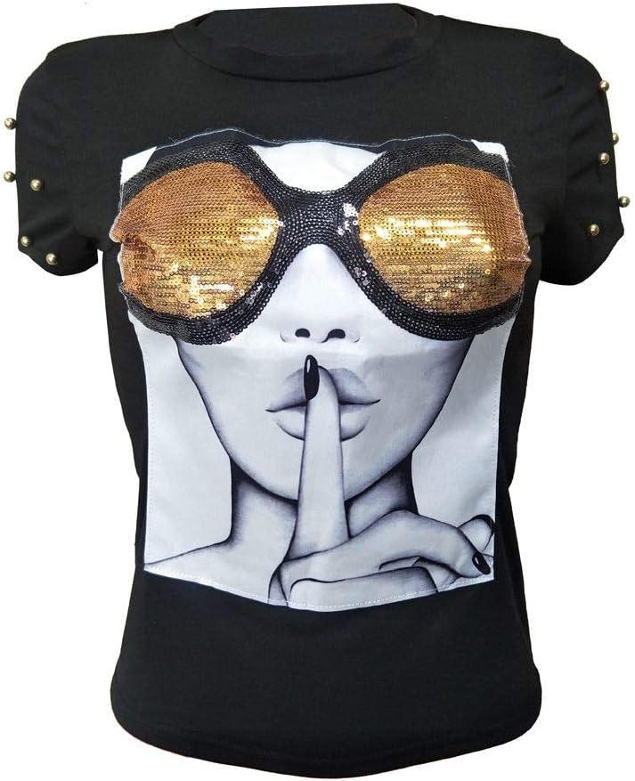 PESION Womens Short Sleeve T-Shirt Sequined Tops O-Neck Funny Graphic Tees Blouse - Image 8