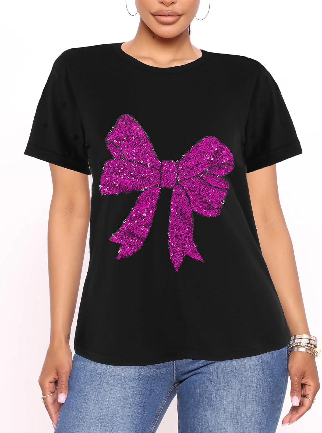 PESION Womens Short Sleeve T-Shirt Sequined Tops O-Neck Funny Graphic Tees Blouse - Image 9