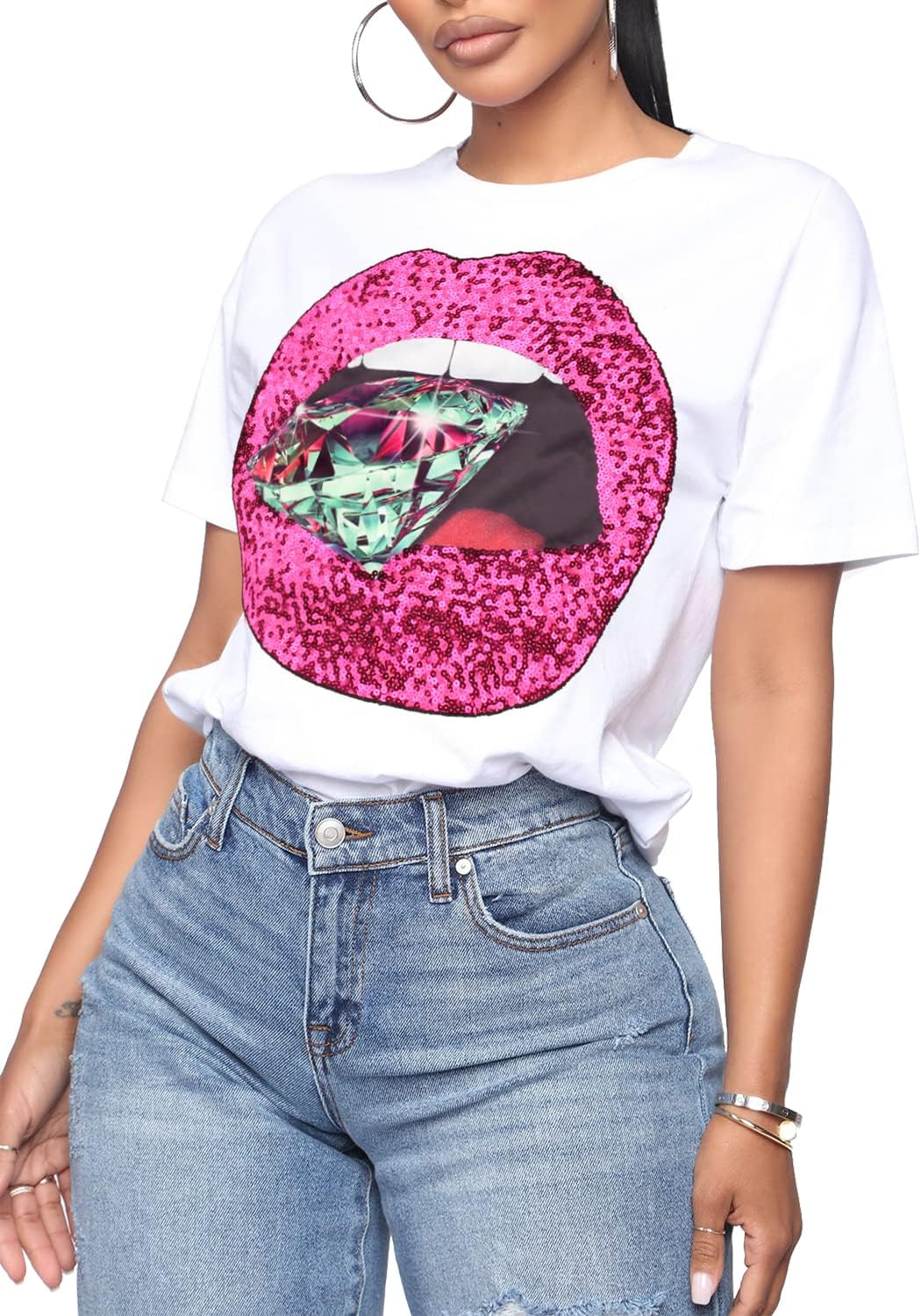 PESION Womens Short Sleeve T-Shirt Sequined Tops O-Neck Funny Graphic Tees Blouse - Image 21