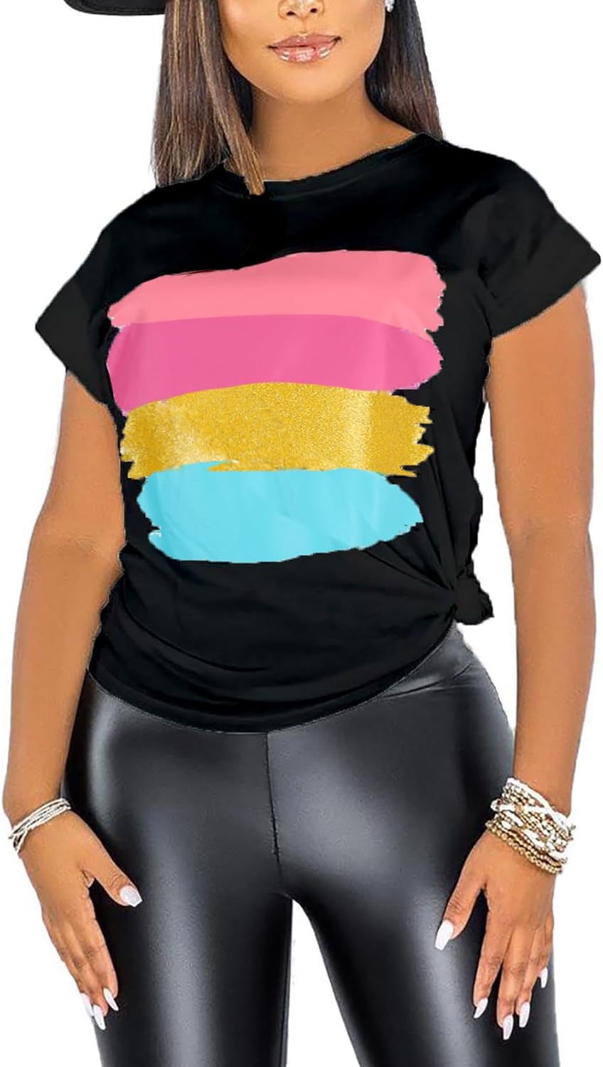 PESION Womens Short Sleeve T-Shirt Sequined Tops O-Neck Funny Graphic Tees Blouse - Image 13