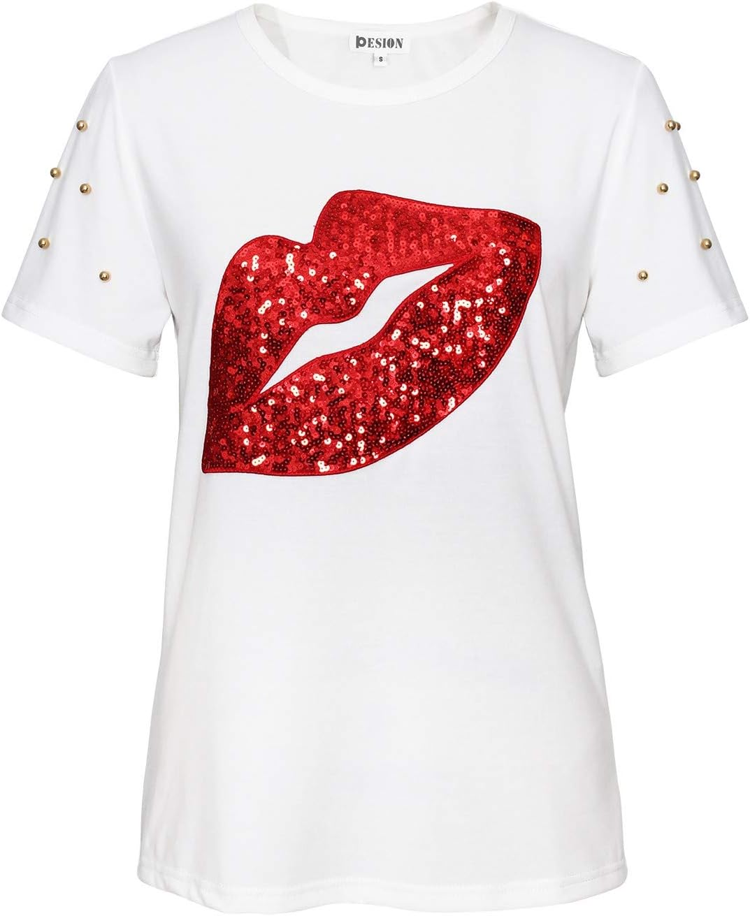 PESION Womens Short Sleeve T-Shirt Sequined Tops O-Neck Funny Graphic Tees Blouse - Image 25