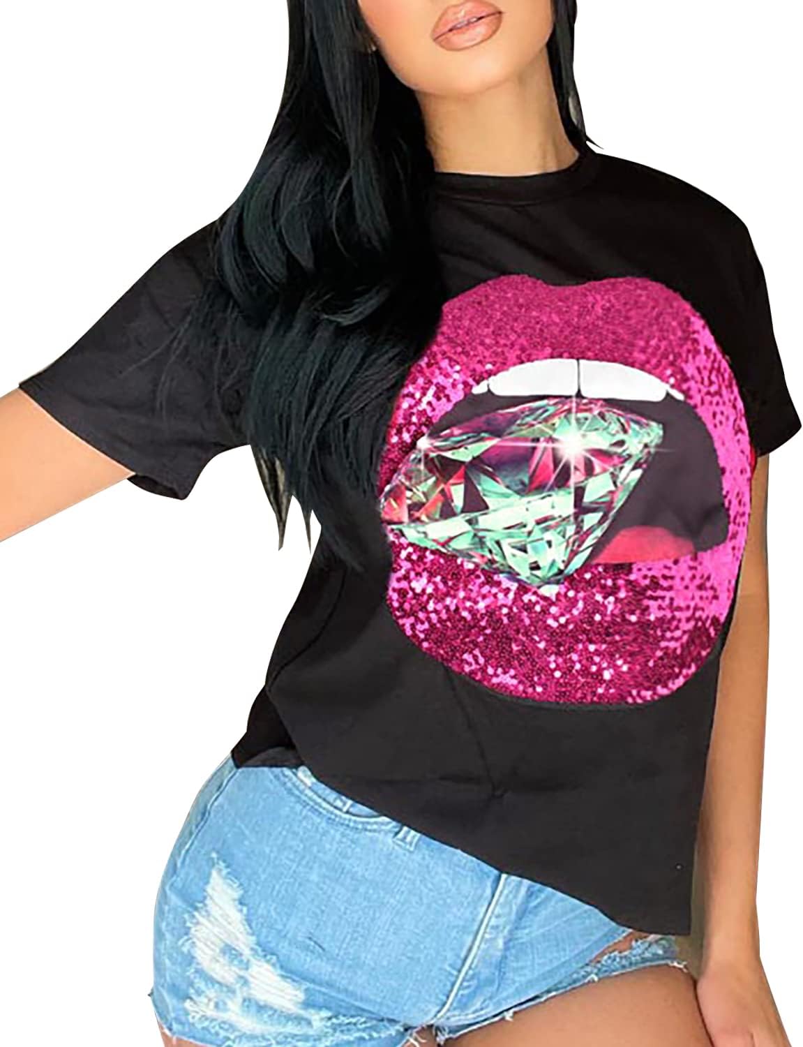 PESION Womens Short Sleeve T-Shirt Sequined Tops O-Neck Funny Graphic Tees Blouse - Image 24