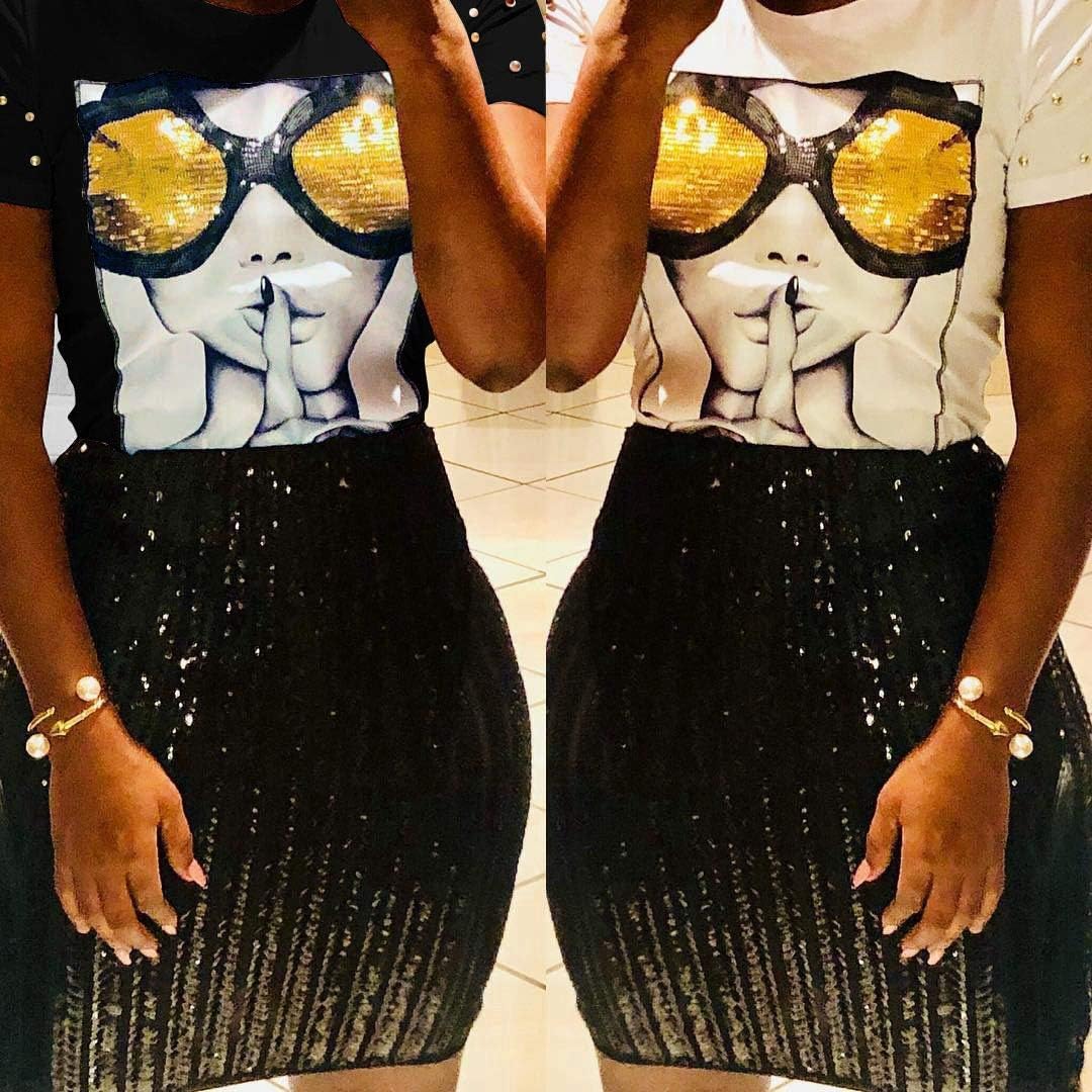 PESION Womens Short Sleeve T-Shirt Sequined Tops O-Neck Funny Graphic Tees Blouse - Image 3