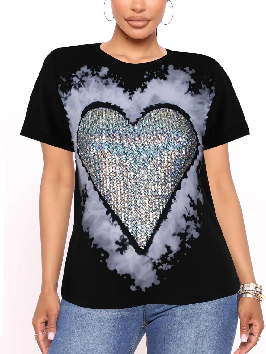 PESION Womens Short Sleeve T-Shirt Sequined Tops O-Neck Funny Graphic Tees Blouse - Image 27