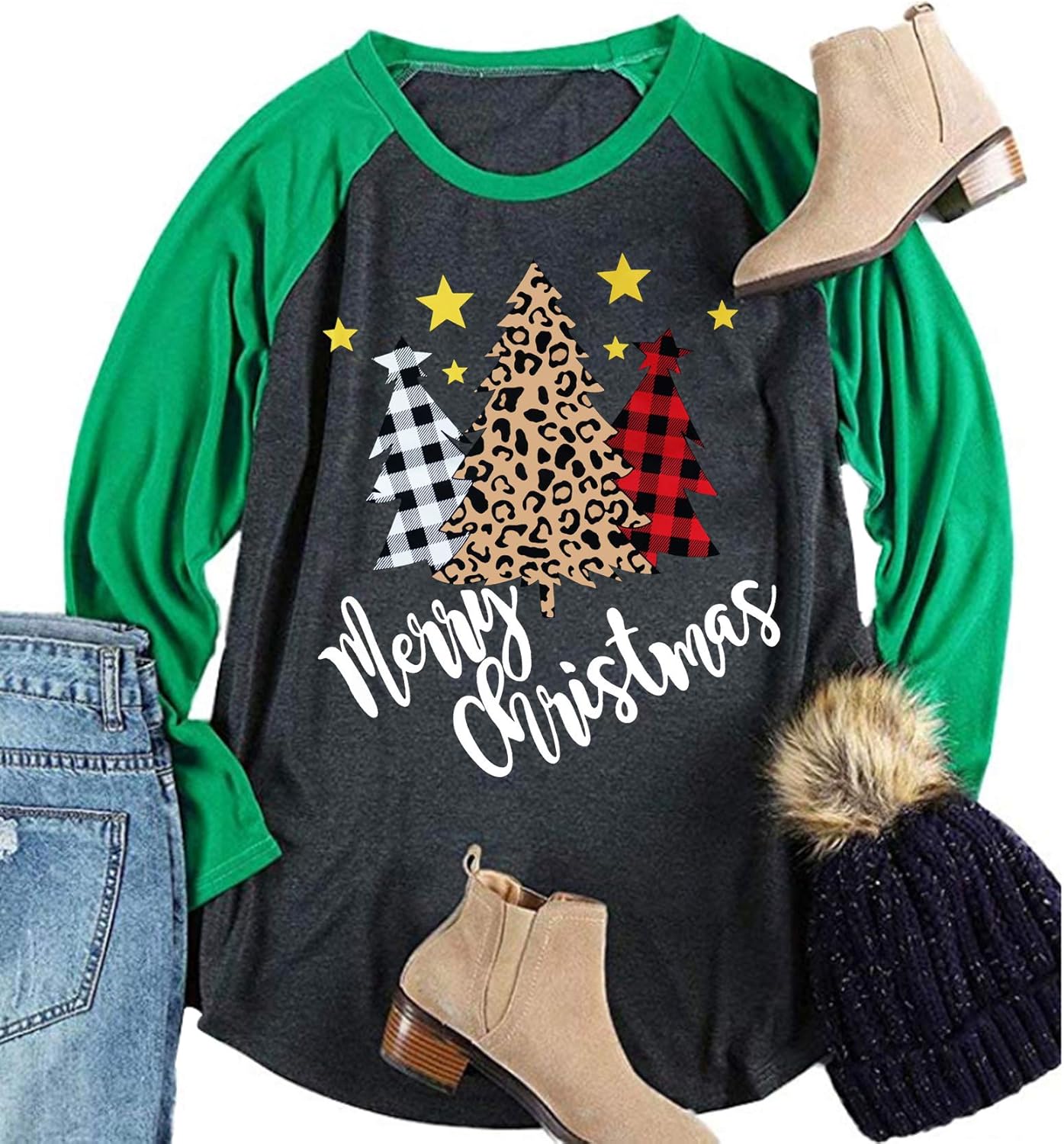 Plus Size Christmas T Shirt Women Xmas Leopard Plaid Trees Print Tees Casual Long Sleeve Holiday Shirts Top - Image 33