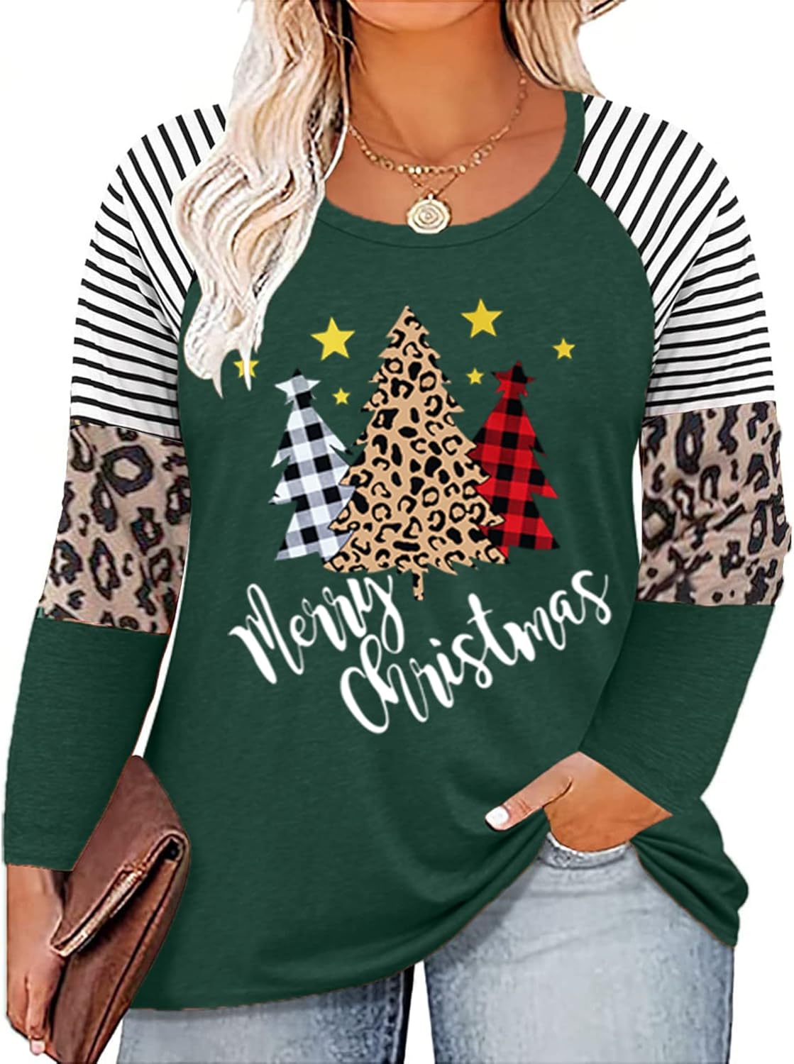 Plus Size Christmas T Shirt Women Xmas Leopard Plaid Trees Print Tees Casual Long Sleeve Holiday Shirts Top - Image 8