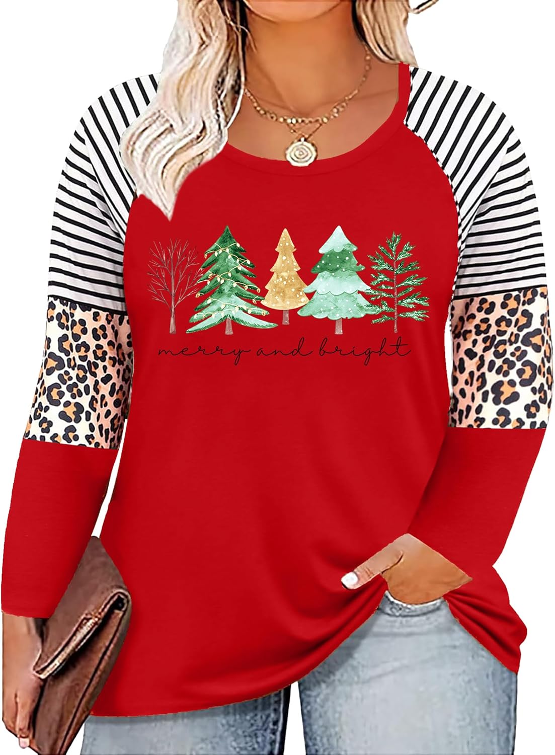 Plus Size Christmas T Shirt Women Xmas Leopard Plaid Trees Print Tees Casual Long Sleeve Holiday Shirts Top - Image 25