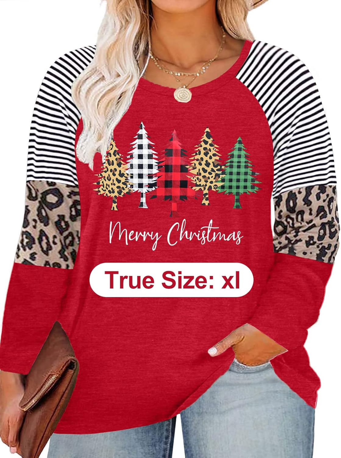 Plus Size Christmas T Shirt Women Xmas Leopard Plaid Trees Print Tees Casual Long Sleeve Holiday Shirts Top - Image 35