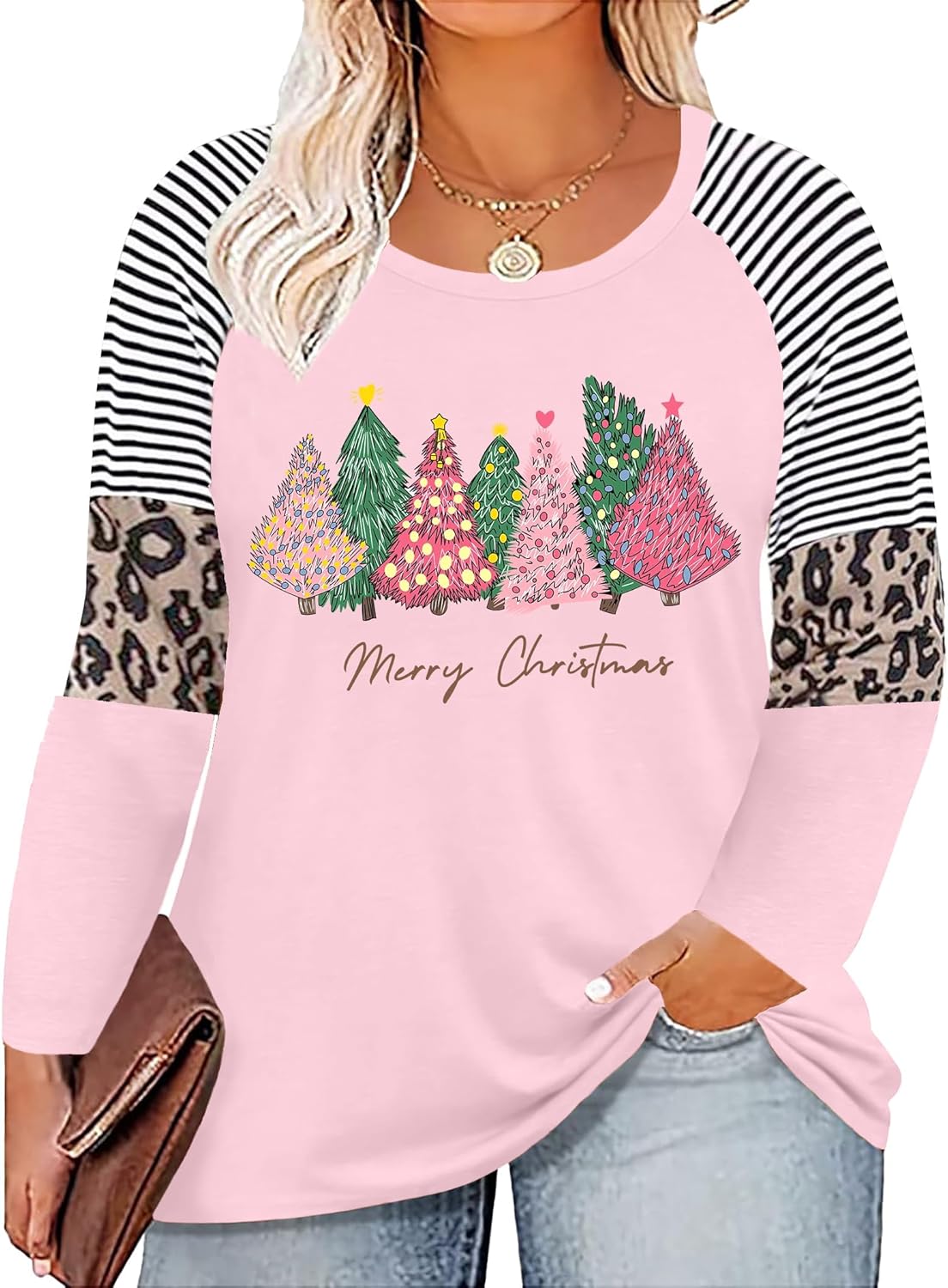 Plus Size Christmas T Shirt Women Xmas Leopard Plaid Trees Print Tees Casual Long Sleeve Holiday Shirts Top - Image 20