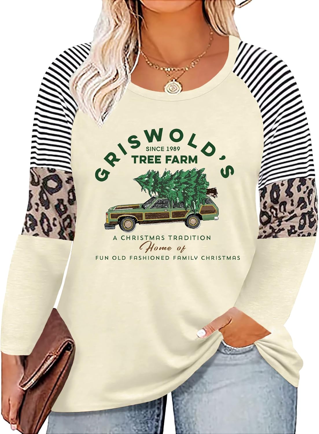 Plus Size Christmas T Shirt Women Xmas Leopard Plaid Trees Print Tees Casual Long Sleeve Holiday Shirts Top - Image 14