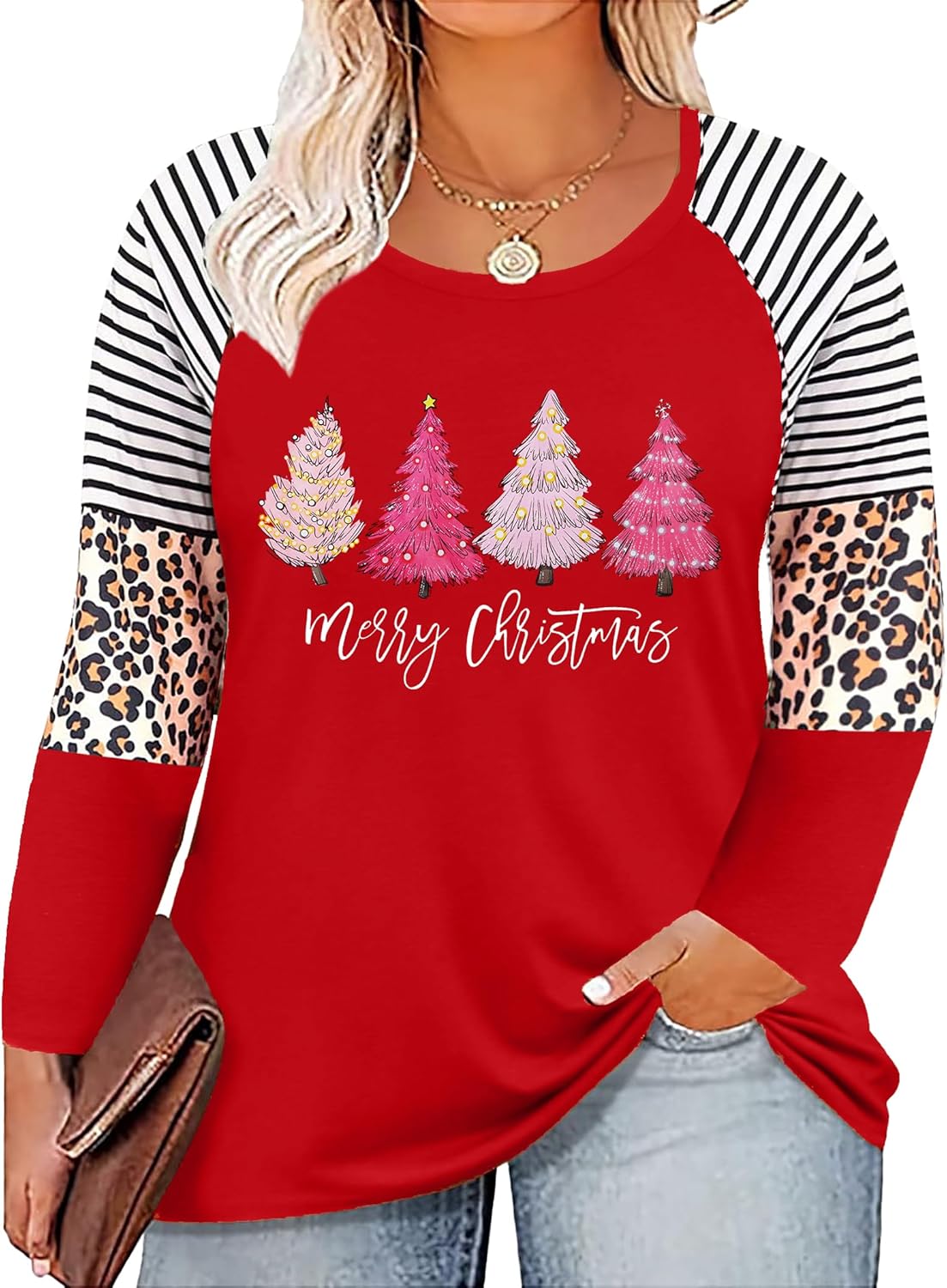 Plus Size Christmas T Shirt Women Xmas Leopard Plaid Trees Print Tees Casual Long Sleeve Holiday Shirts Top - Image 12