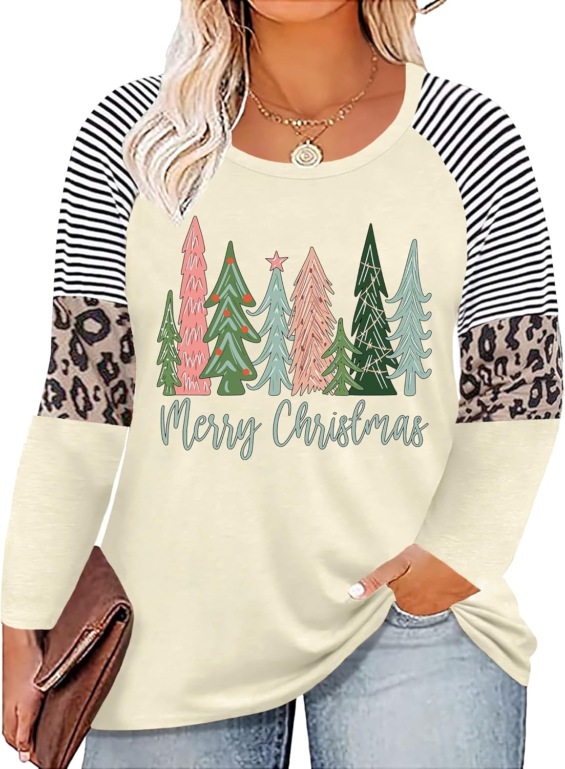 Plus Size Christmas T Shirt Women Xmas Leopard Plaid Trees Print Tees Casual Long Sleeve Holiday Shirts Top - Image 13