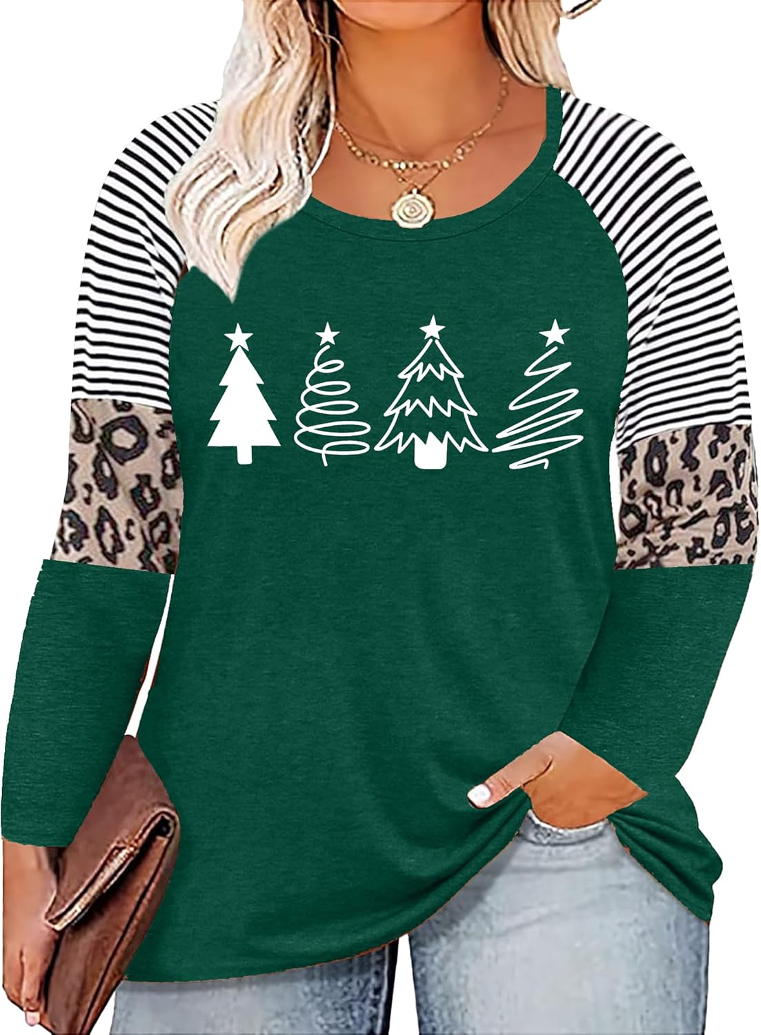 Plus Size Christmas T Shirt Women Xmas Leopard Plaid Trees Print Tees Casual Long Sleeve Holiday Shirts Top - Image 19