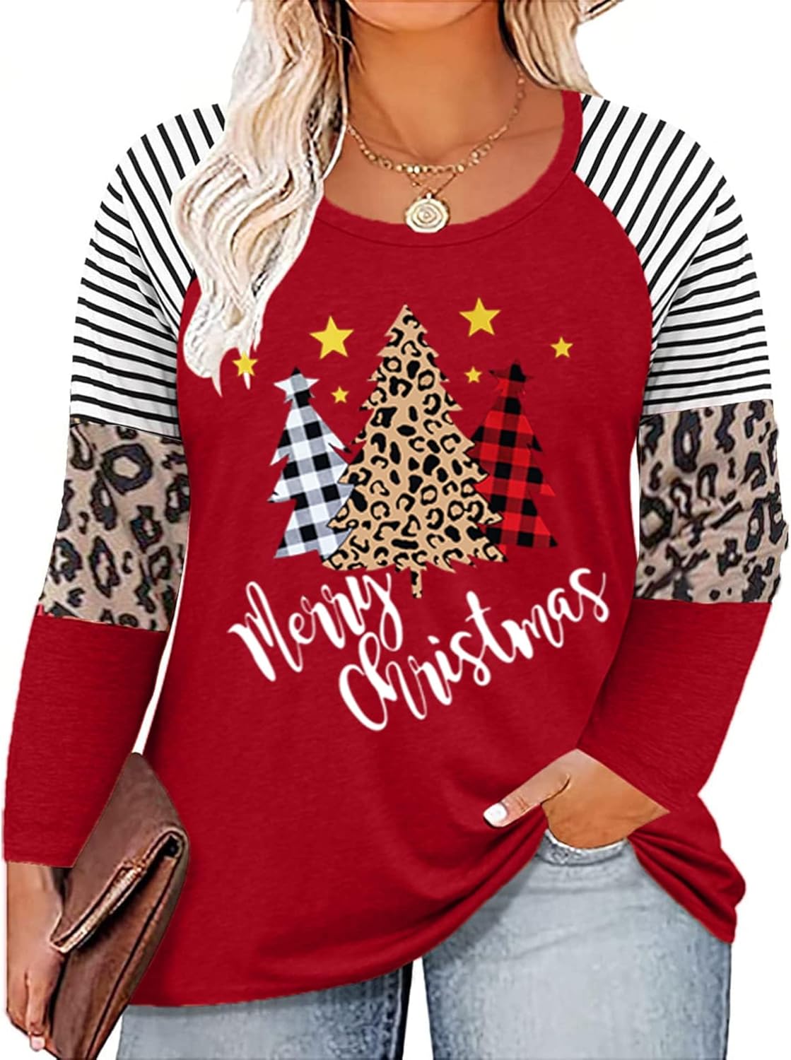 Plus Size Christmas T Shirt Women Xmas Leopard Plaid Trees Print Tees Casual Long Sleeve Holiday Shirts Top - Image 22