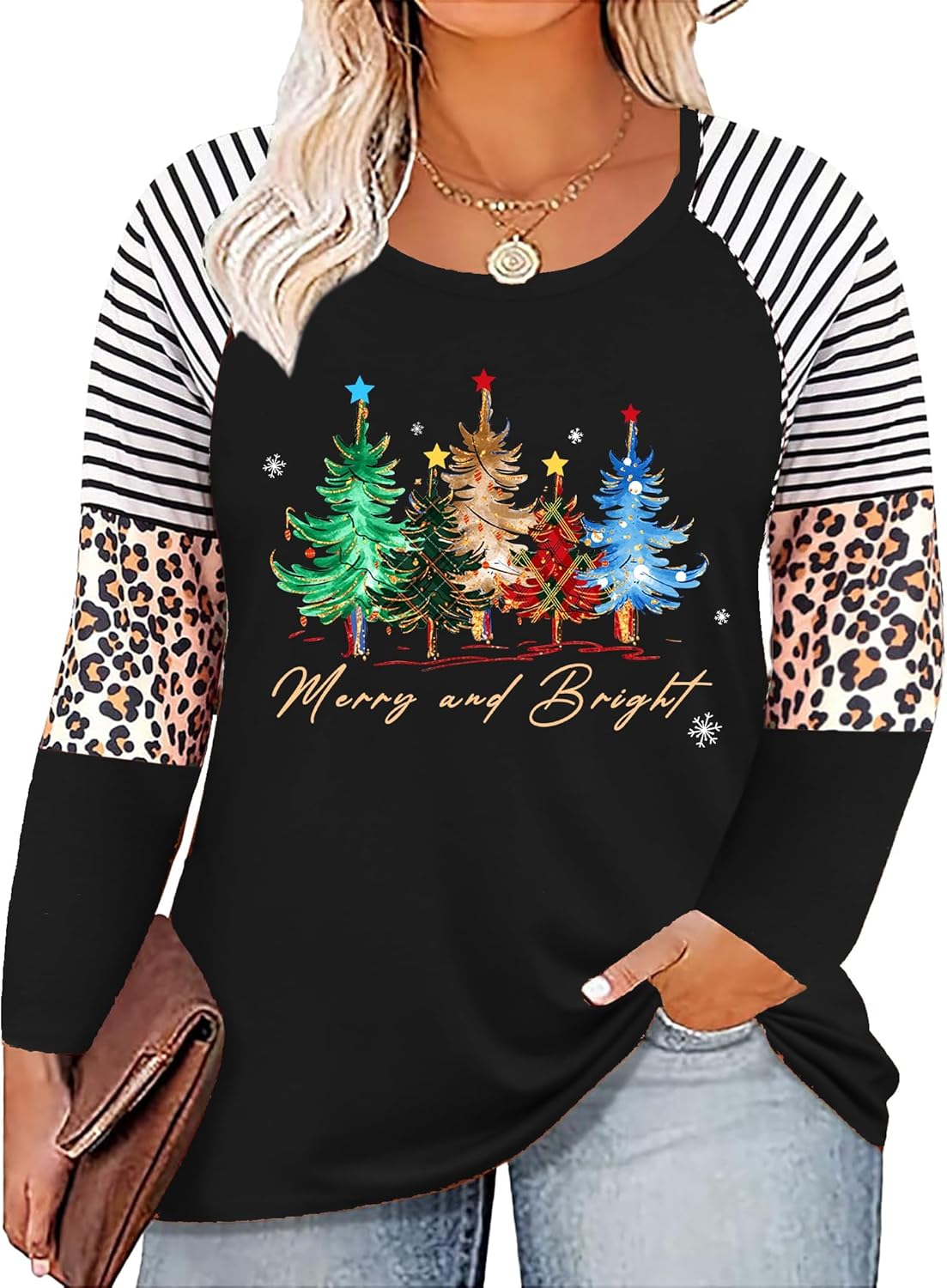 Plus Size Christmas T Shirt Women Xmas Leopard Plaid Trees Print Tees Casual Long Sleeve Holiday Shirts Top - Image 11