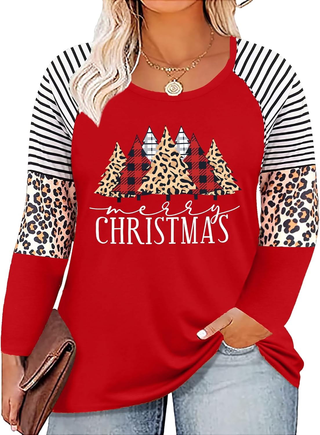 Plus Size Christmas T Shirt Women Xmas Leopard Plaid Trees Print Tees Casual Long Sleeve Holiday Shirts Top - Image 10