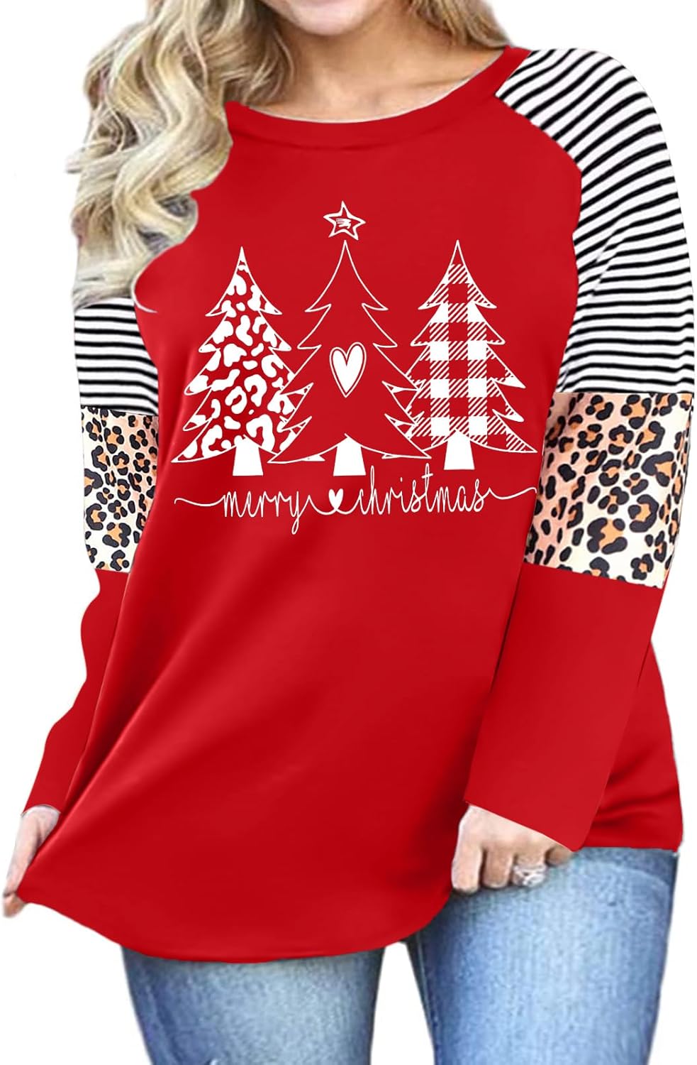 Plus Size Christmas T Shirt Women Xmas Leopard Plaid Trees Print Tees Casual Long Sleeve Holiday Shirts Top - Image 26