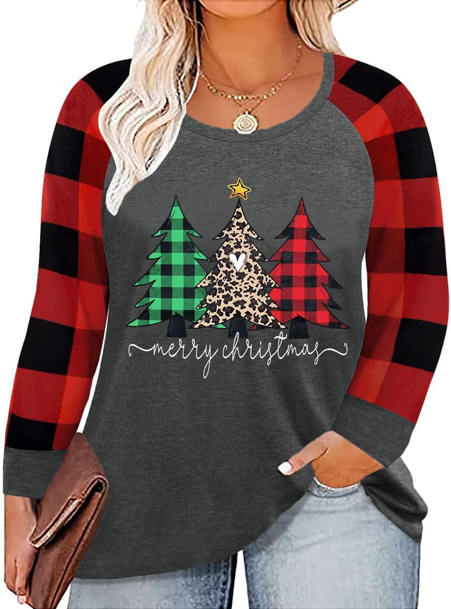 Plus Size Christmas T Shirt Women Xmas Leopard Plaid Trees Print Tees Casual Long Sleeve Holiday Shirts Top - Image 6