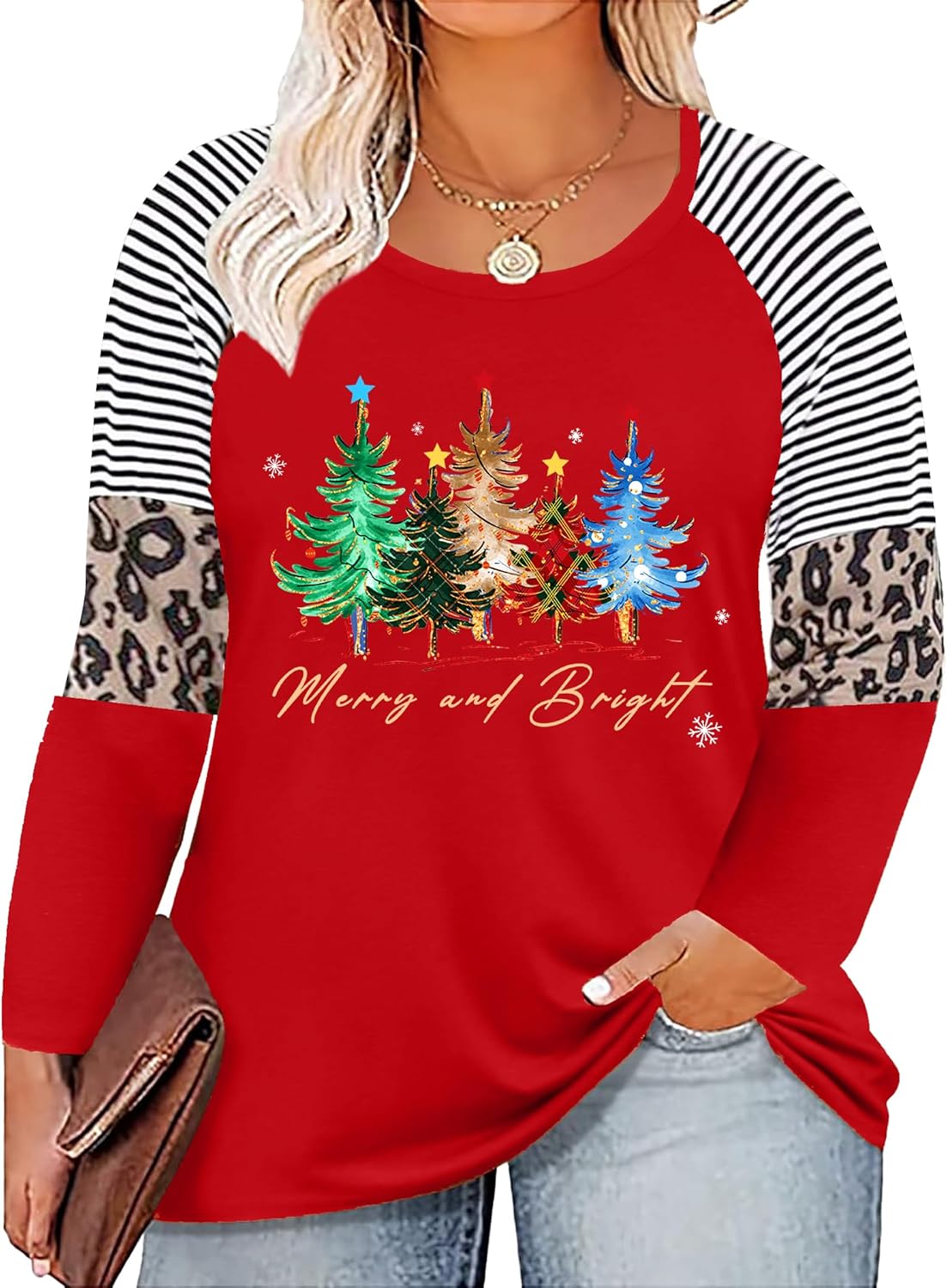 Plus Size Christmas T Shirt Women Xmas Leopard Plaid Trees Print Tees Casual Long Sleeve Holiday Shirts Top - Image 18