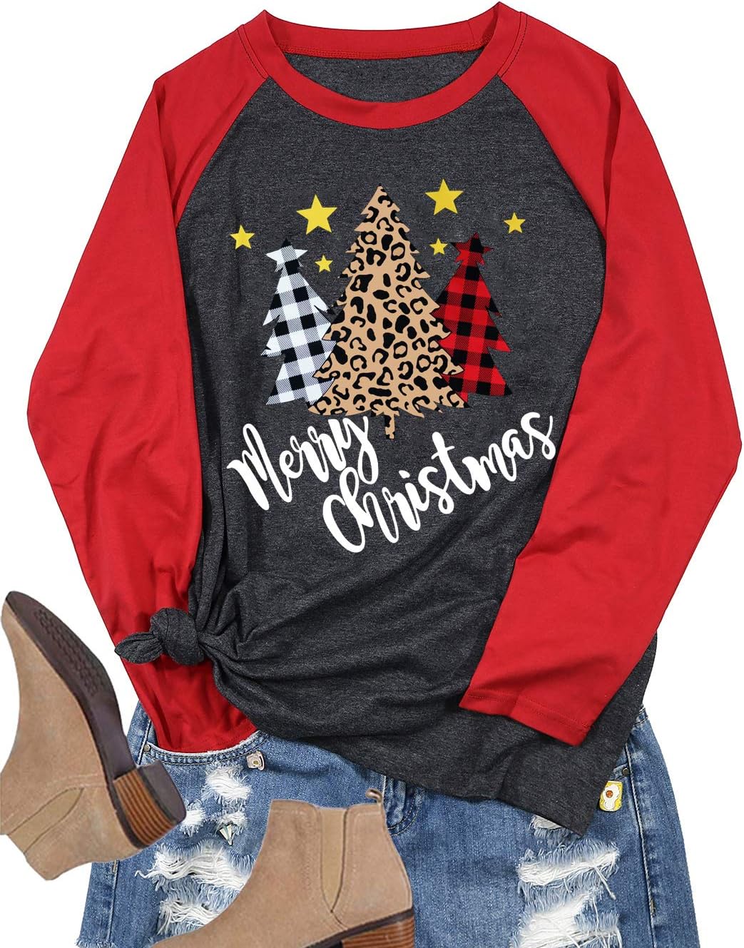 Plus Size Christmas T Shirt Women Xmas Leopard Plaid Trees Print Tees Casual Long Sleeve Holiday Shirts Top - Image 2