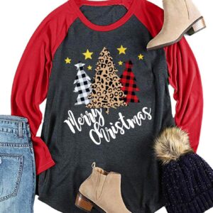 Plus Size Christmas T Shirt Women Xmas Leopard Plaid Trees Print Tees Casual Long Sleeve Holiday Shirts Top