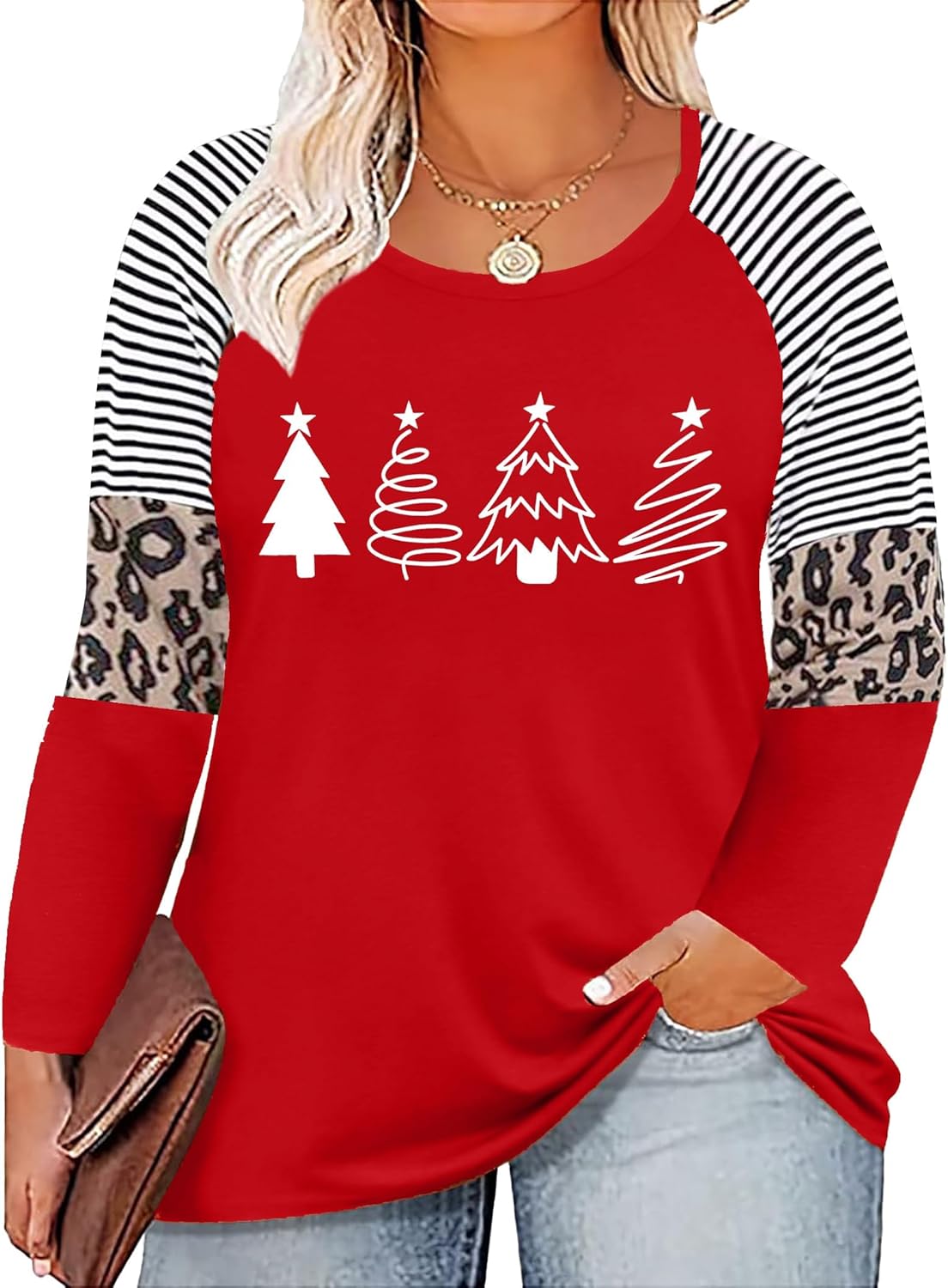 Plus Size Christmas T Shirt Women Xmas Leopard Plaid Trees Print Tees Casual Long Sleeve Holiday Shirts Top - Image 27