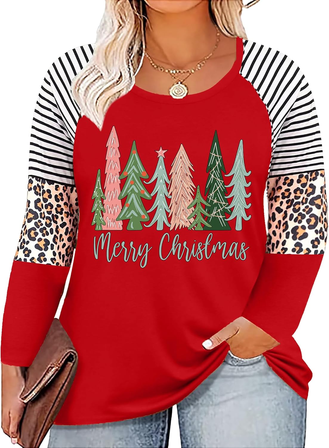 Plus Size Christmas T Shirt Women Xmas Leopard Plaid Trees Print Tees Casual Long Sleeve Holiday Shirts Top - Image 31
