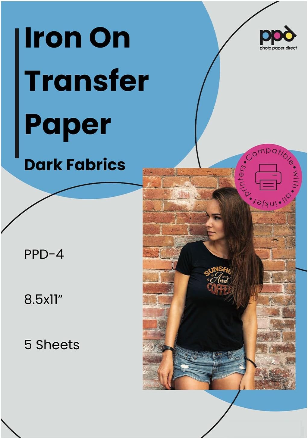 PPD 5 Sheets 8.5x11" - Inkjet Iron-on Heat Transfer Paper for Black & Dark Fabric and T-Shirts - Premium - PPD-4-5