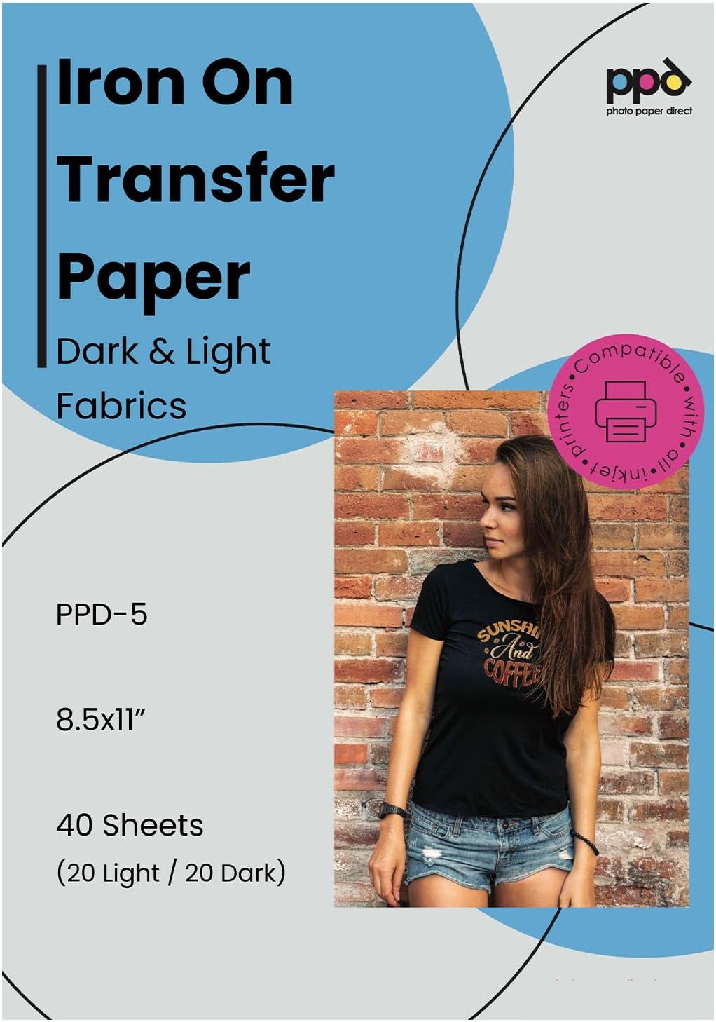 PPD Iron on Transfer Paper for Light and Dark Fabric, Compatible with Inkjet Printer, 8.5 x 11 Printable Heat Bond Transfer for T Shirts & Clothing, Stretchy & Washable, DIY (20 Light\/20 Dark Sheets)