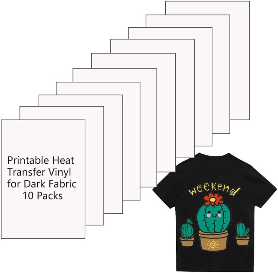 Printable Heat Transfer Vinyl Paper Inkjet Printer Iron on HTV for Dark Fabrics or T-shirts, A4 Size Pack of 10