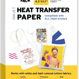Printers Jack Iron-On Heat Transfer Paper for White and Light Fabric, 20 Pack 8.3x11.7 inch T-Shirt Transfer Paper for Any Inkjet Printer, Long Lasting Printing Transfer Paper for Heat Press