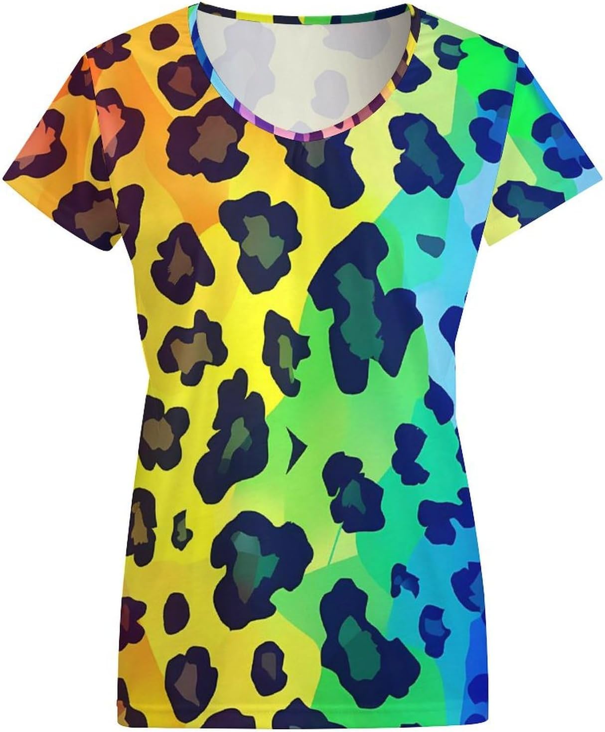 Rainbow Leopard Print Womens V Neck Short Sleeve T Shirts Summer Tops Tees Fashion Outfits Clothes - Image 3